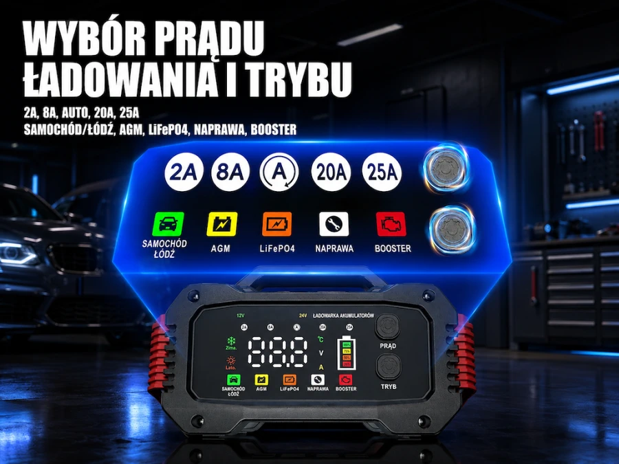 Extralink, Intelligent car charger with AGM repair mode, 12V, 24V, 25A aprašymas - Prekės nuotrauka