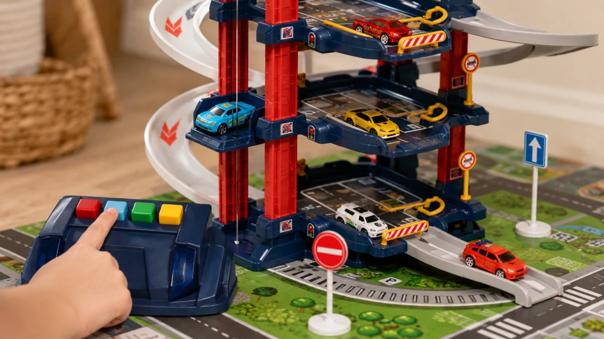 Extralink Kids, automobilių stovėjimo aikštelė, garažas su elektriniu keltuvu, žaisliniai automobiliukai vaikams aprašymas - Prekės nuotrauka