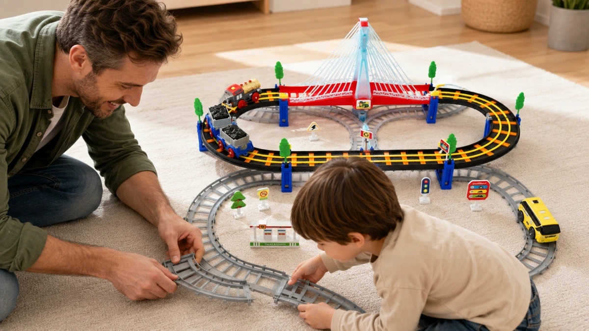 Extralink Kids, „Track King“ elektrinis traukinukų rinkinys su lokomotyvu ir baterijomis varomu automobiliu aprašymas - Prekės nuotrauka