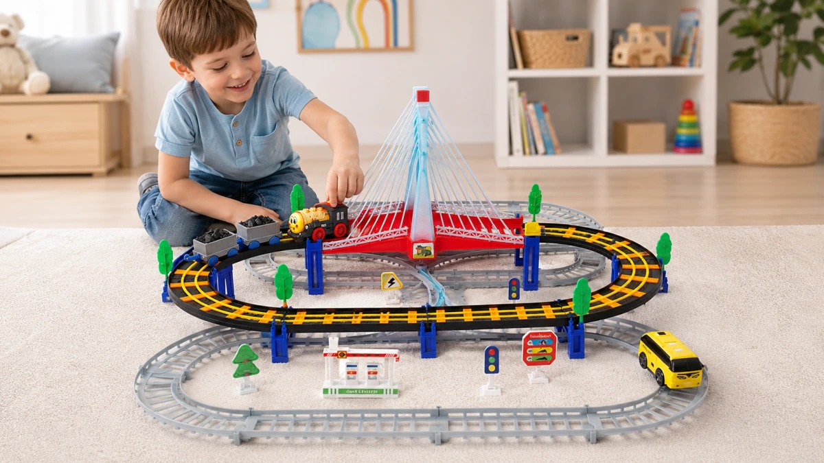 Extralink Kids, „Track King“ elektrinis traukinukų rinkinys su lokomotyvu ir baterijomis varomu automobiliu aprašymas - Prekės nuotrauka