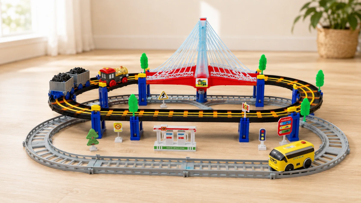 Extralink Kids, „Track King“ elektrinis traukinukų rinkinys su lokomotyvu ir baterijomis varomu automobiliu aprašymas - Prekės nuotrauka