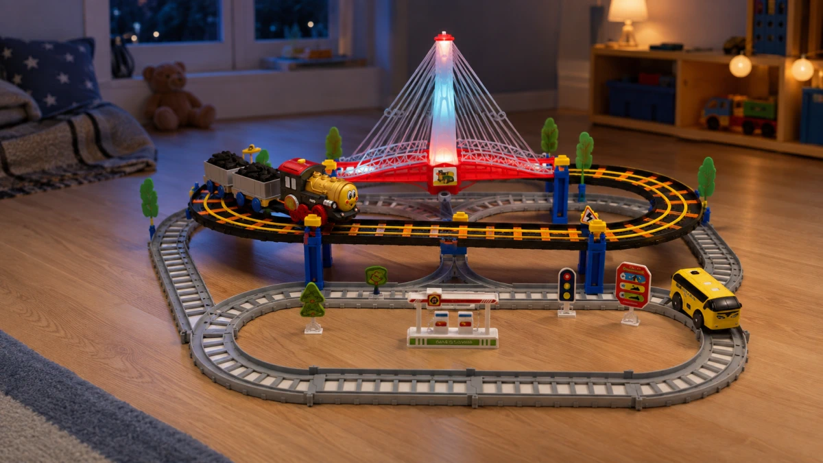 Extralink Kids, „Track King“ elektrinis traukinukų rinkinys su lokomotyvu ir baterijomis varomu automobiliu aprašymas - Prekės nuotrauka