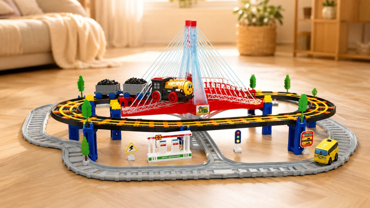 Extralink Kids, „Track King“ elektrinis traukinukų rinkinys su lokomotyvu ir baterijomis varomu automobiliu aprašymas - Prekės nuotrauka