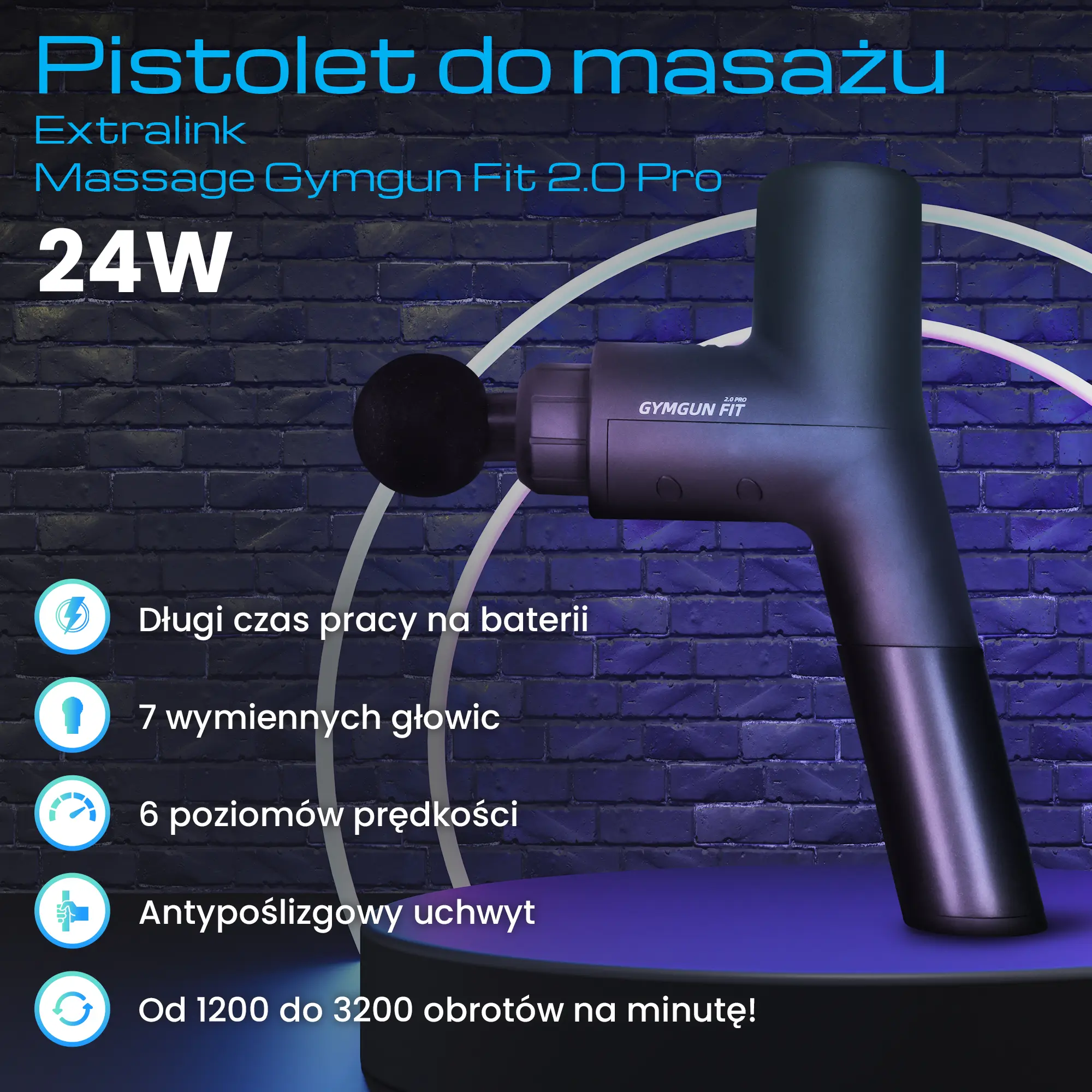 Extralink Massage Gymgun Fit 2.0 Pro | Masažo pistoletas | 7 galvos, 6 režimai aprašymas - Prekės nuotrauka