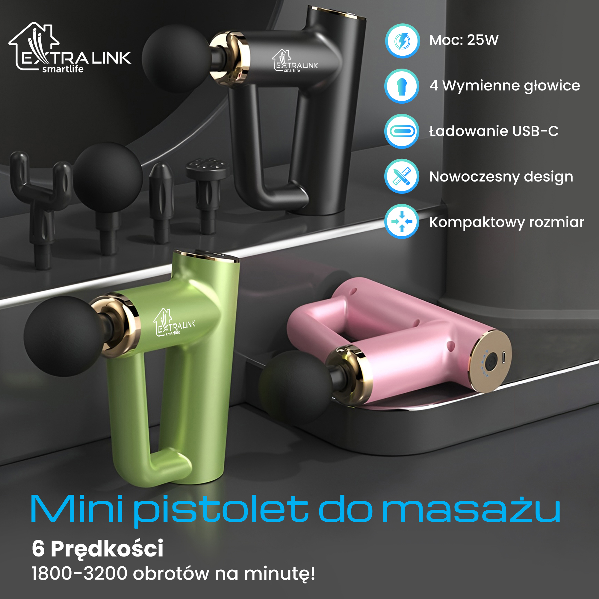 Extralink Massage Gun Mini Juodas aprašymas - Prekės nuotrauka