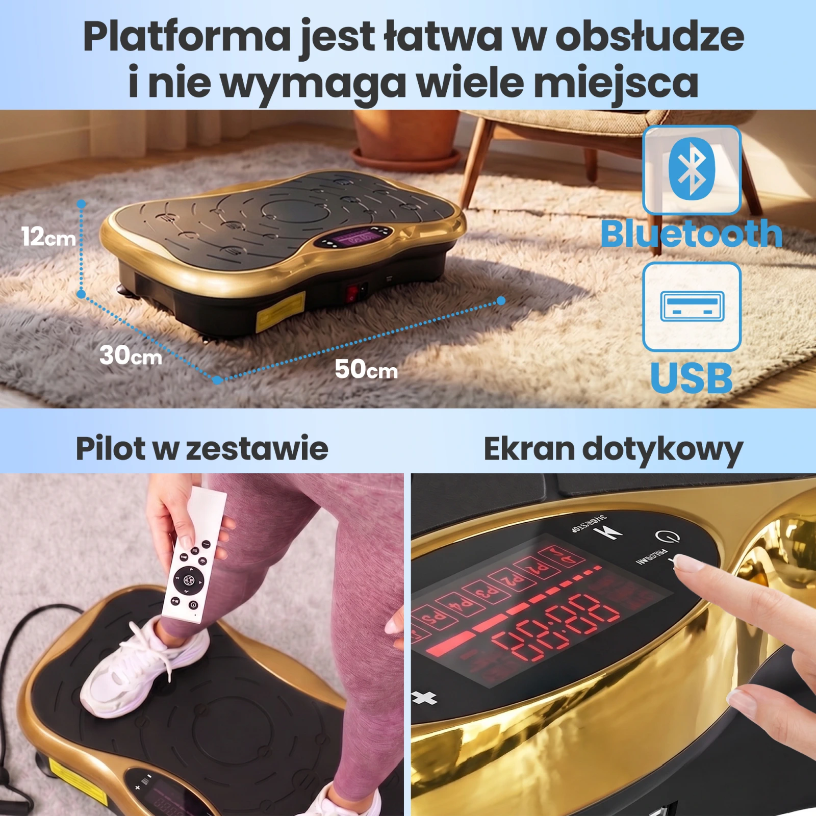 Extralink Moonwalk Spin Move Platofrma Wibracyjna do Ćwiczeń Fitness 200W auksinė aprašymas - Prekės nuotrauka