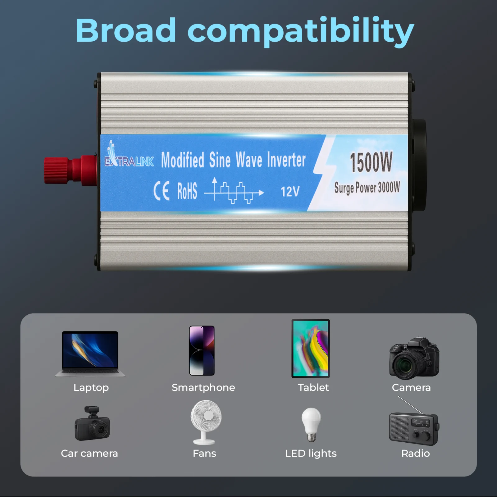 Extralink OPIM-1500W | Įtampos keitiklis | automobilinis 12 V, 1500 W modifikuotas sinusas aprašymas - Prekės nuotrauka
