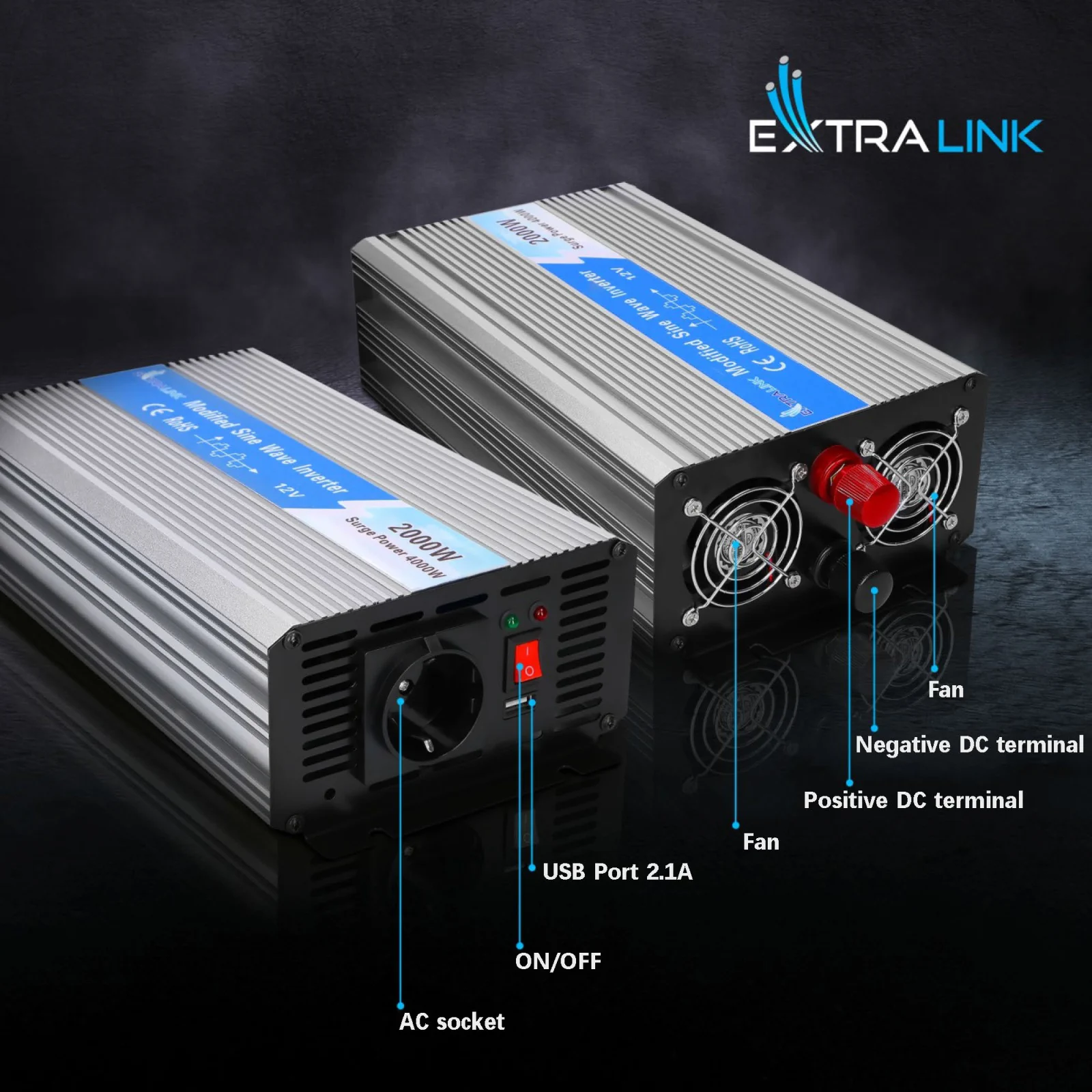 Extralink OPIM-2000W | Įtampos keitiklis | automobilinis 12 V, 2000 W modifikuotas sinusas aprašymas - Prekės nuotrauka