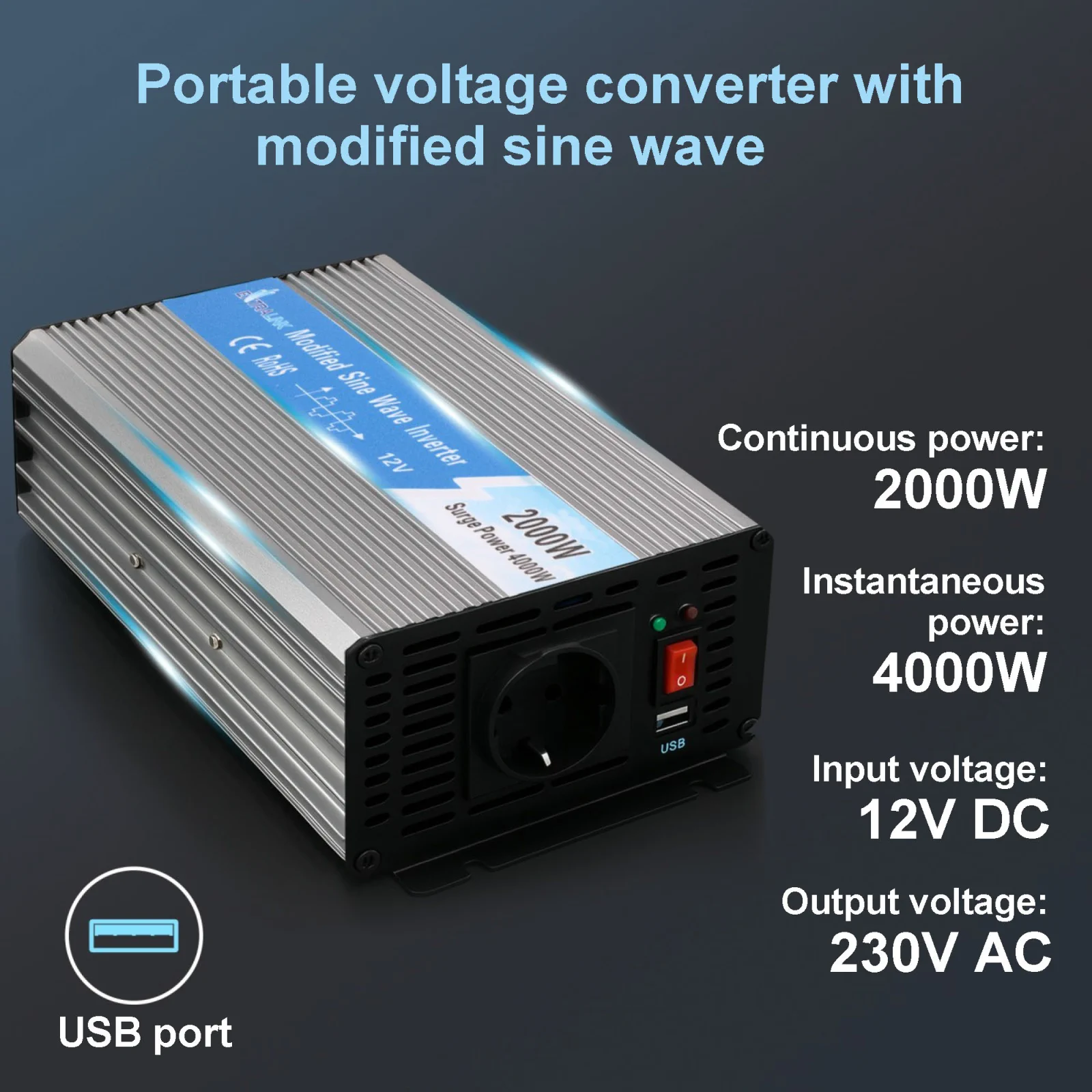 Extralink OPIM-2000W | Įtampos keitiklis | automobilinis 12 V, 2000 W modifikuotas sinusas aprašymas - Prekės nuotrauka