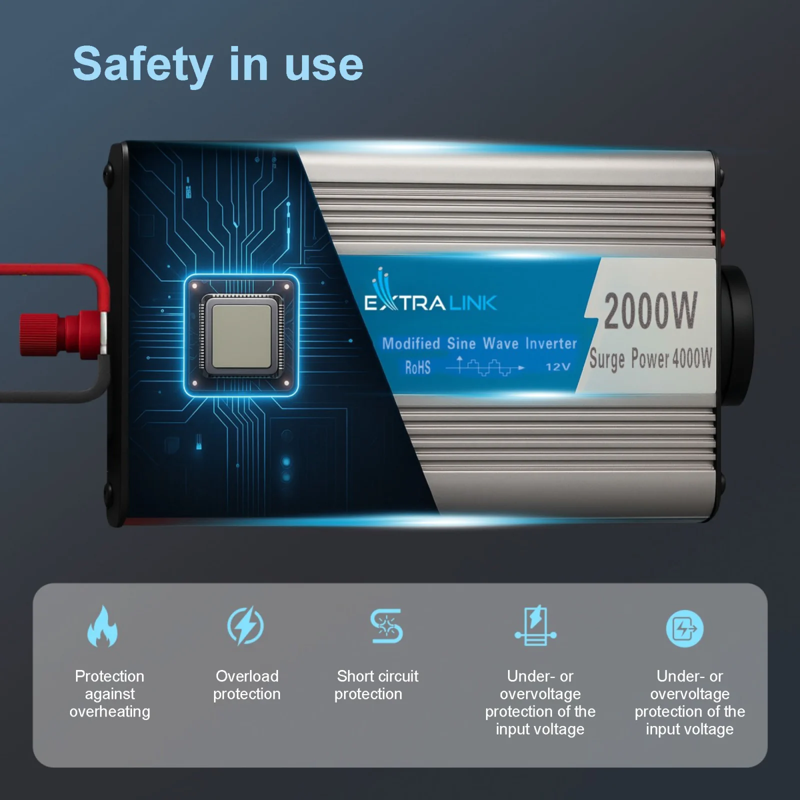 Extralink OPIM-2000W | Įtampos keitiklis | automobilinis 12 V, 2000 W modifikuotas sinusas aprašymas - Prekės nuotrauka