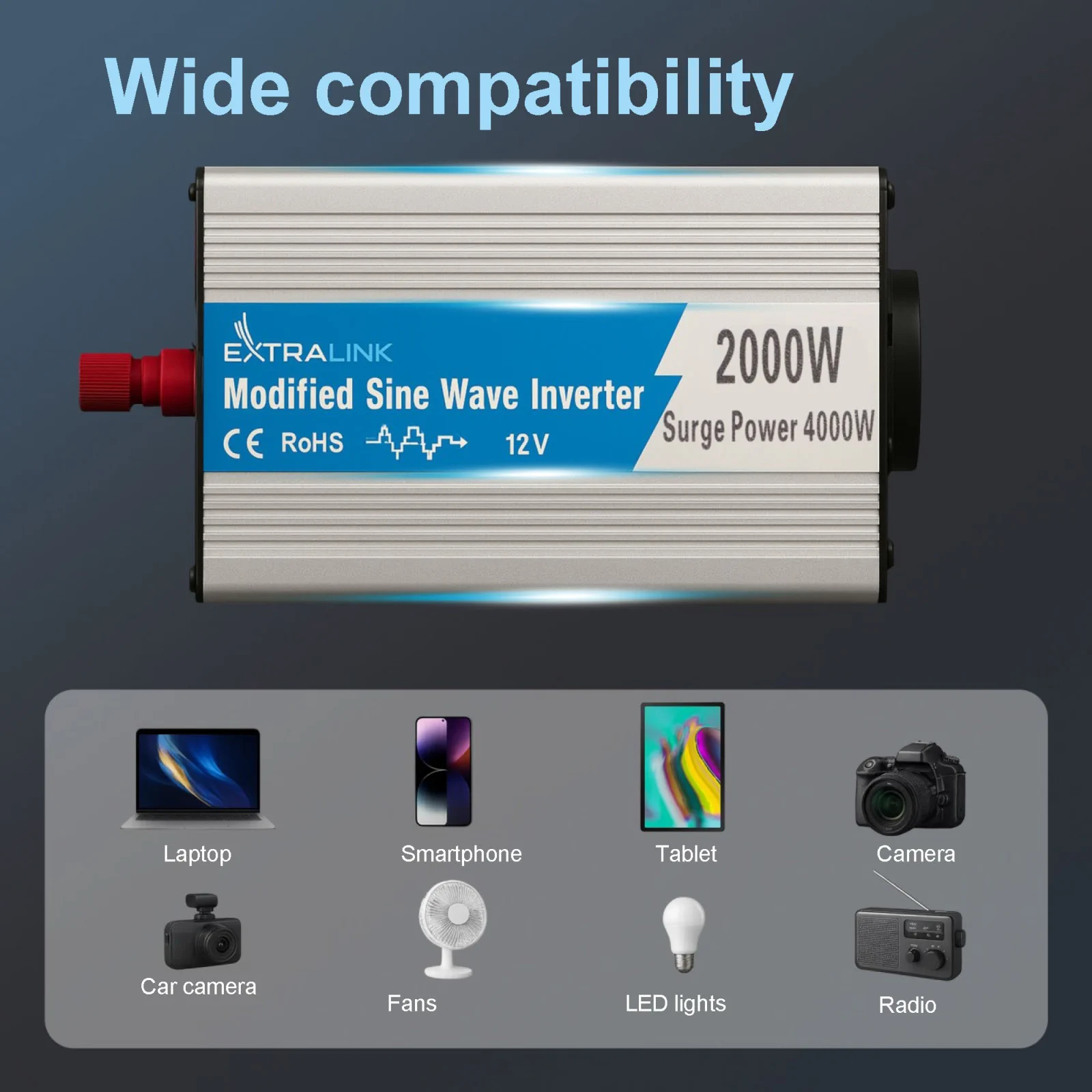 Extralink OPIM-2000W | Įtampos keitiklis | automobilinis 12 V, 2000 W modifikuotas sinusas aprašymas - Prekės nuotrauka