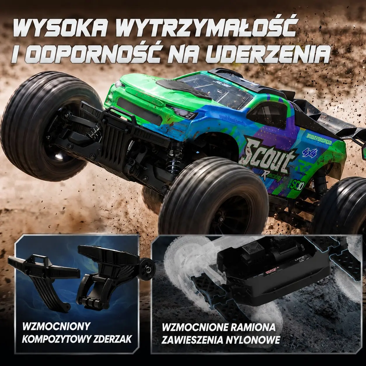 EXTRALINK RC SC10 REMOTE-CONTROLLED CAR 1/10 BRUSHLESS 4WD EXTREME TRUCK Žalias aprašymas - Prekės nuotrauka