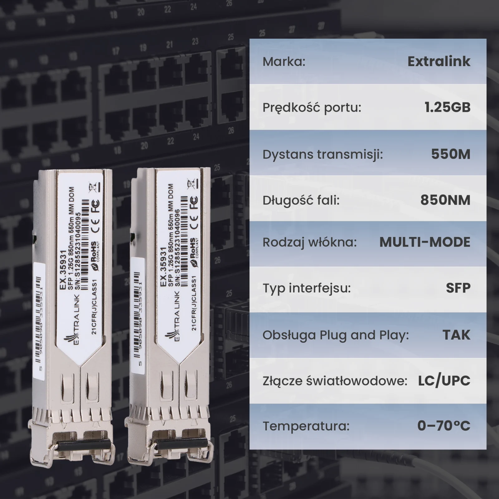 Šakotuvas Modulis SFP ExtraLink EXTRALINK SFP 1.25G 850NM 550M MM DOM 2-PACK (SKIRTA HP / ARUBA) aprašymas - Prekės nuotrauka