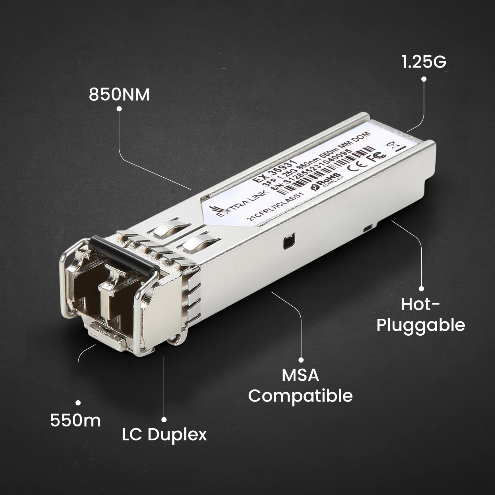 Šakotuvas Modulis SFP ExtraLink EXTRALINK SFP 1.25G 850NM 550M MM DOM 2-PACK (SKIRTA HP / ARUBA) aprašymas - Prekės nuotrauka