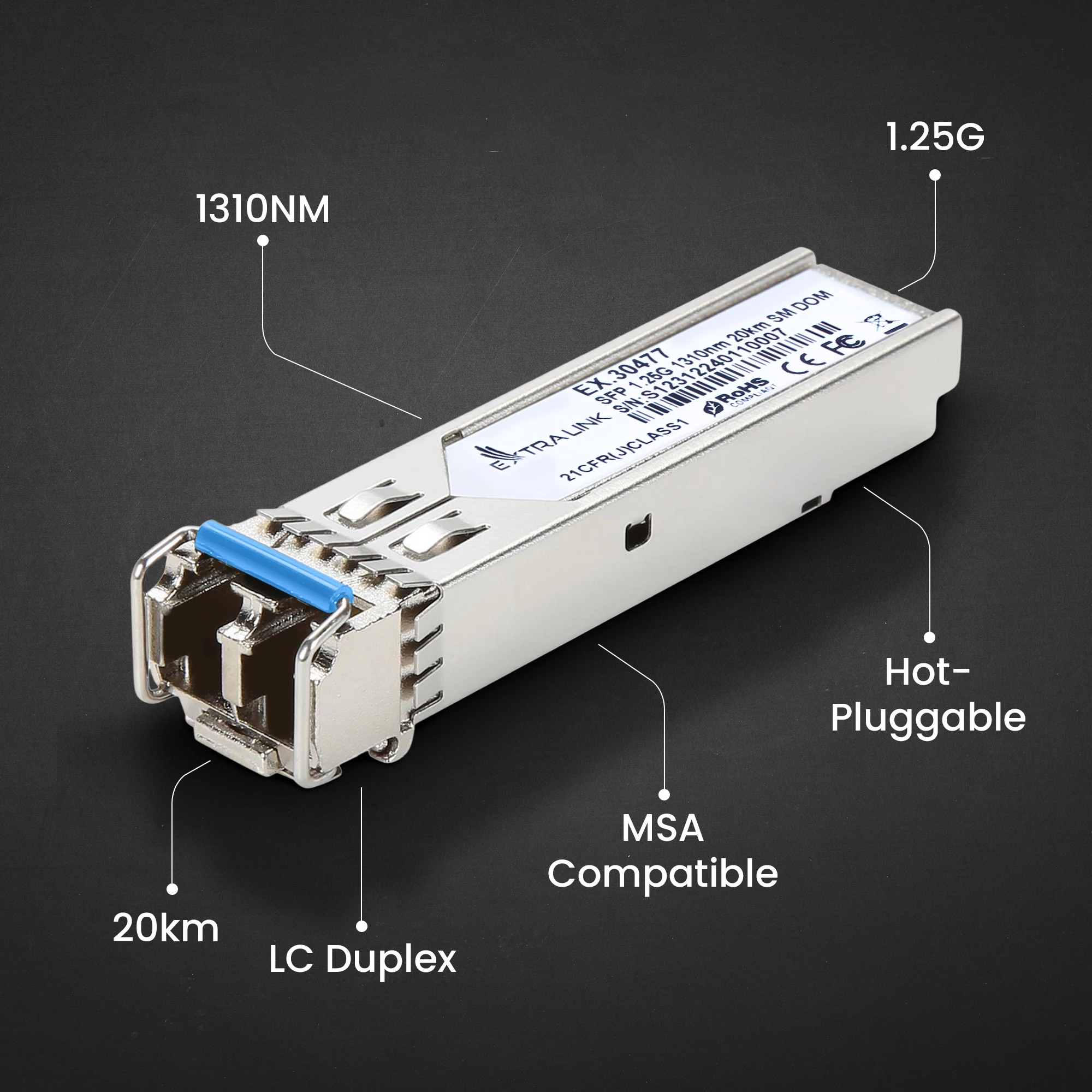 Šakotuvas Extralink SFP 1.25G 2 vnt. | Modulis SFP | 1,25 Gbps, LC/UPC, 1310 nm, 20 km, vieno režimo, DOM (skirta HP / Aruba) aprašymas - Prekės nuotrauka Šakotuvas Extralink SFP 1.25G 2 vnt. | Modulis SFP | 1,25 Gbps, LC/UPC, 1310 nm, 20 km, vieno režimo, DOM (skirta HP / Aruba) aprašymas - Prekės nuotrauka
