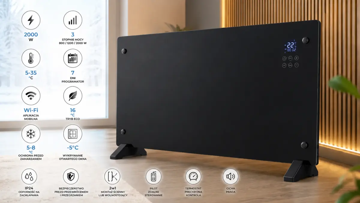 EXTRALINK SMART GLASS PANEL HEATER, Juodas, 2000W, WIFI, LPL-23A-BL aprašymas - Prekės nuotrauka