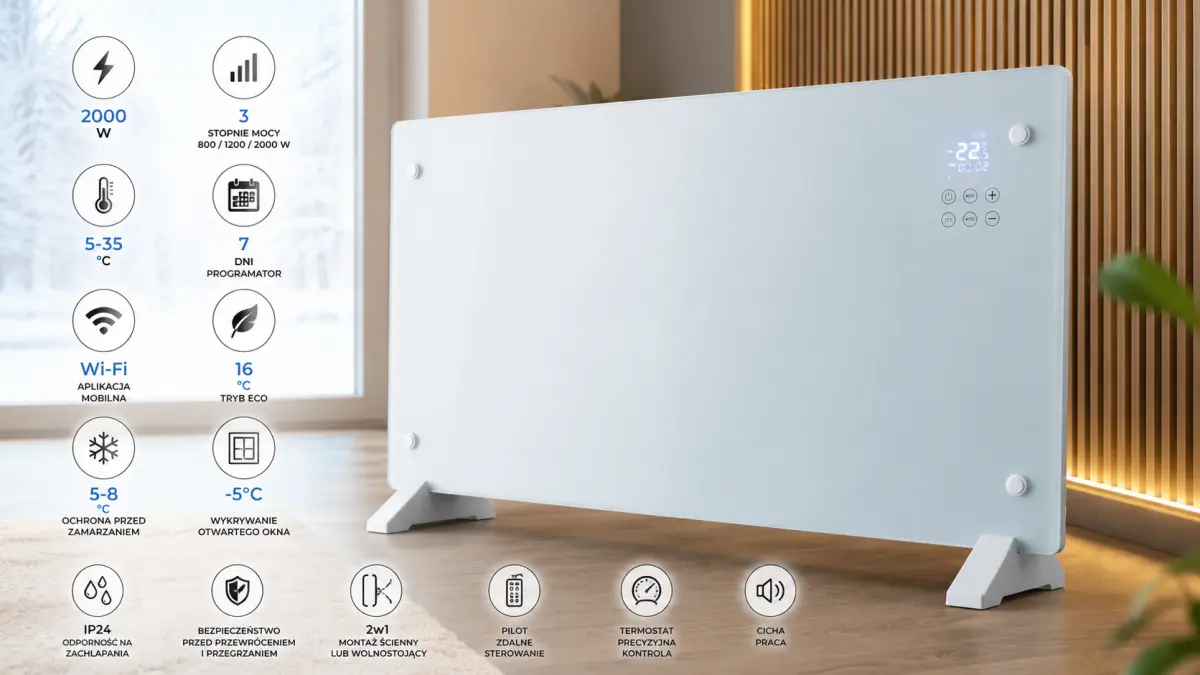 EXTRALINK SMART GLASS PANEL HEATER, Baltas, 2000W, WIFI, LPL-23A-WH aprašymas - Prekės nuotrauka