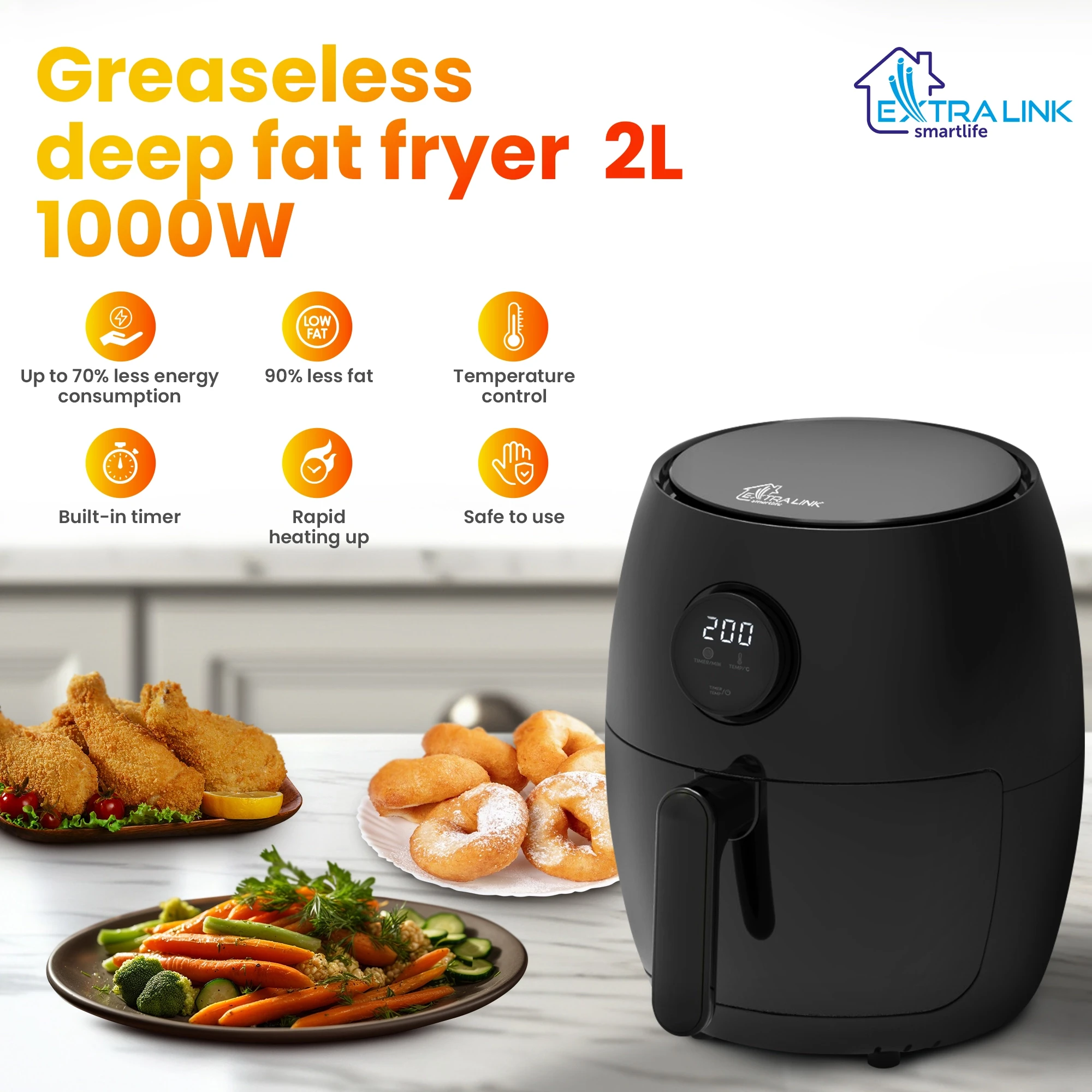 Gruzdintuvė Extralink Smart Life Air Fryer SJ-200 2L EU, 1000W aprašymas - Prekės nuotrauka