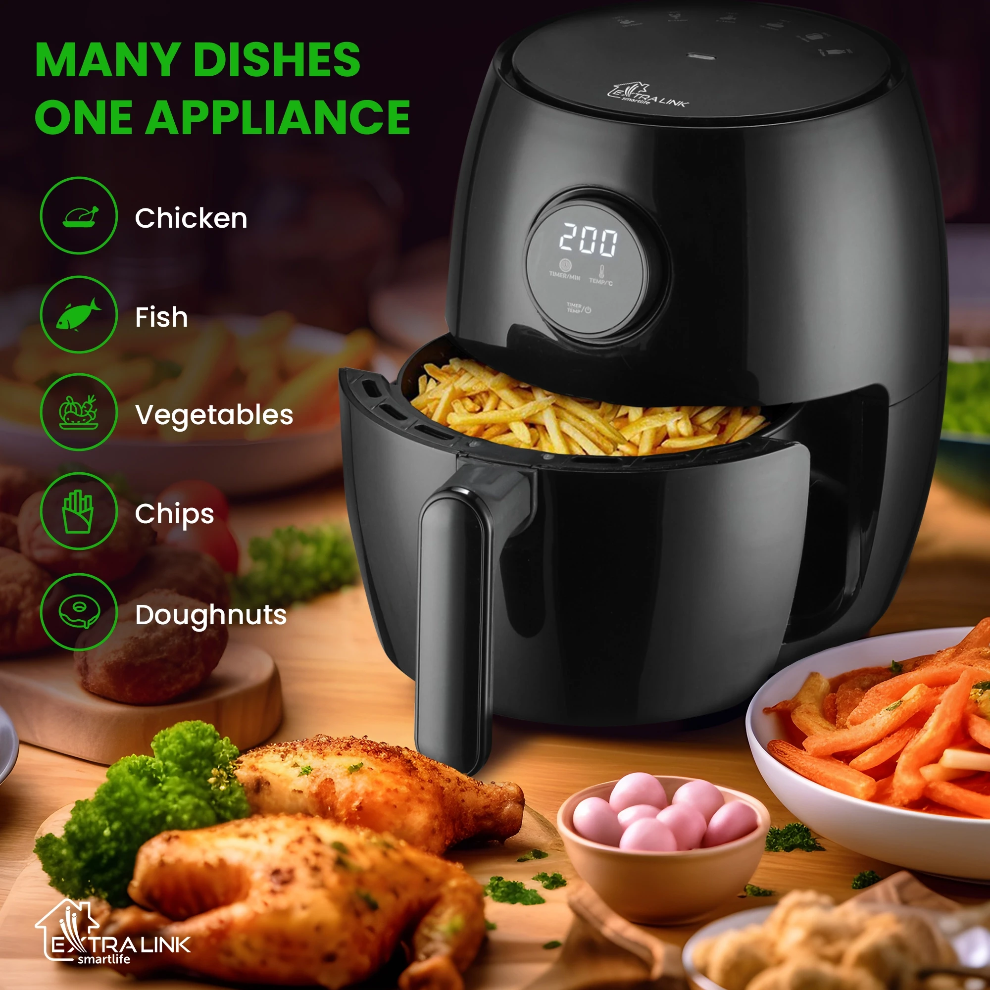 Gruzdintuvė Extralink Smart Life Air Fryer SJ-200 2L EU, 1000W aprašymas - Prekės nuotrauka