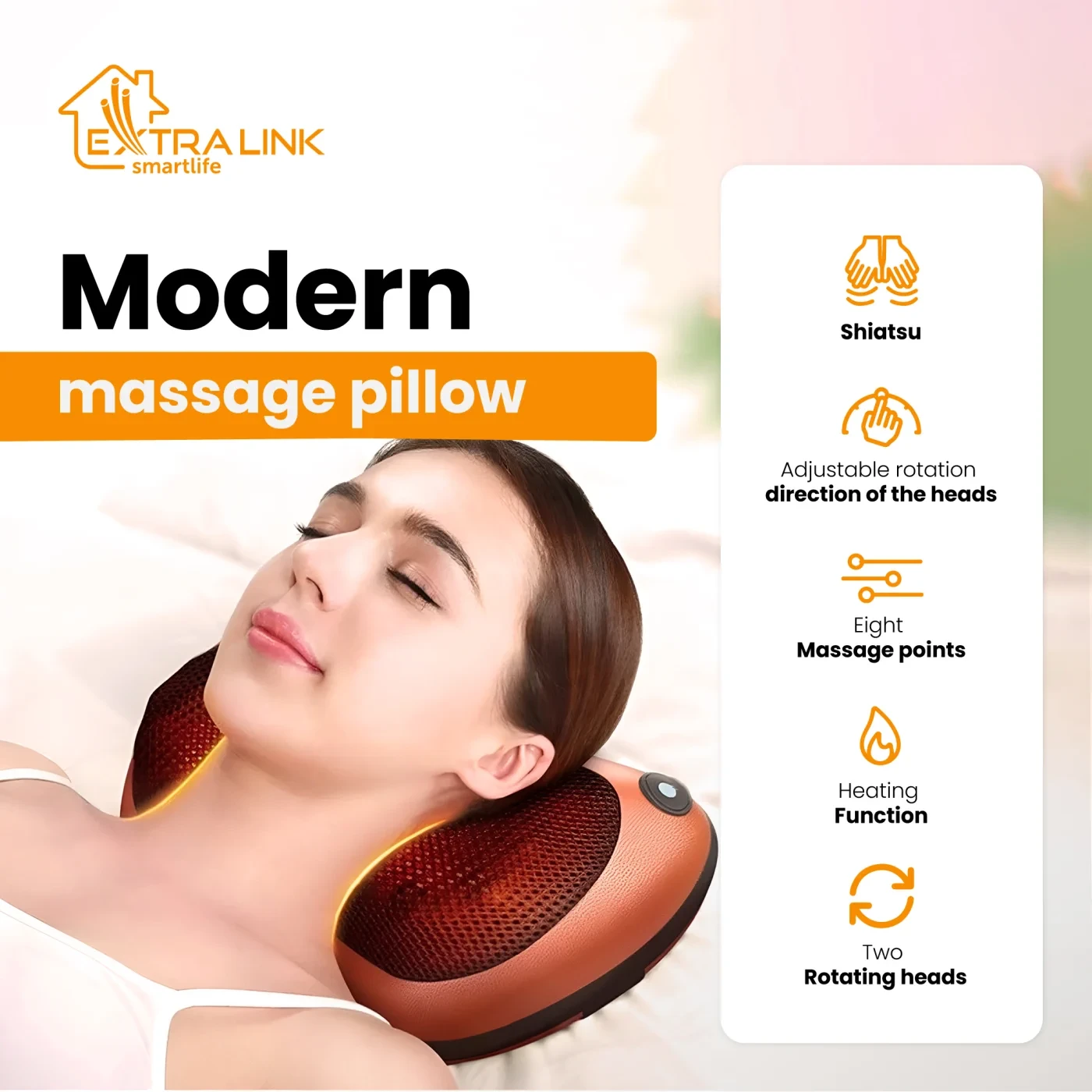 Extralink Smart Life Massage Pillow | Poduszka masująca | 8 głowic masujących, Zasilanie AC, DC aprašymas - Prekės nuotrauka