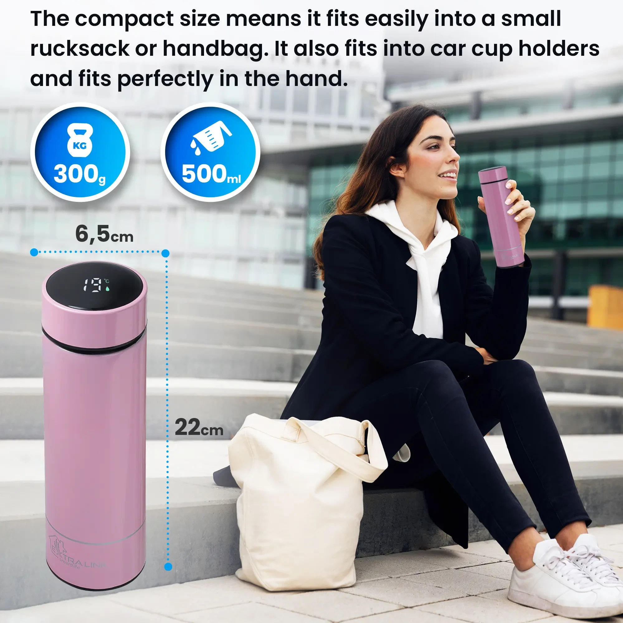 Extralink Smart Travel Mug Rožinė | Termo puodelis | Termos su wyświetlaczem LED aprašymas - Prekės nuotrauka