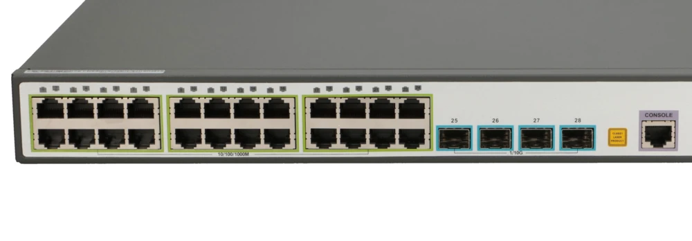 Šakotuvas „FiberHome S4820-28T-X-PE-AC“ tinklo sąsajos, valdomos L2/L3 gigabito eterneto jungtys (10/100/1000), „PoE“ palaikymas, 1U, juoda, pilka aprašymas - Prekės nuotrauka