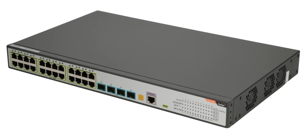 Šakotuvas „FiberHome S4820-28T-X-PE-AC“ tinklo sąsajos, valdomos L2/L3 gigabito eterneto jungtys (10/100/1000), „PoE“ palaikymas, 1U, juoda, pilka aprašymas - Prekės nuotrauka