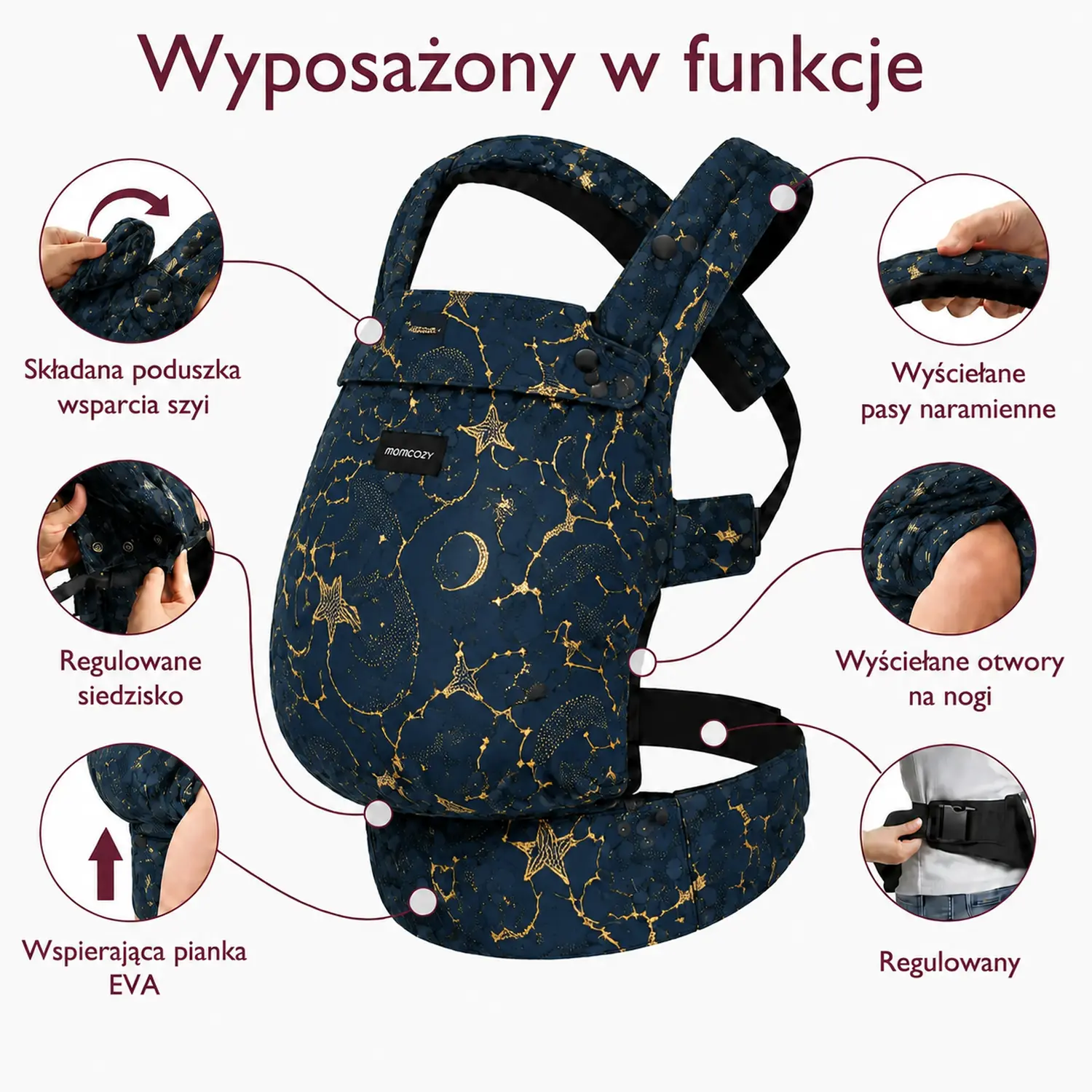 Momcozy BC001 Baby Carrier Newborn to Toddler Cotton Starry Night | Baby carrier | Cotton, from newborn to toddler, starry pattern aprašymas - Prekės nuotrauka