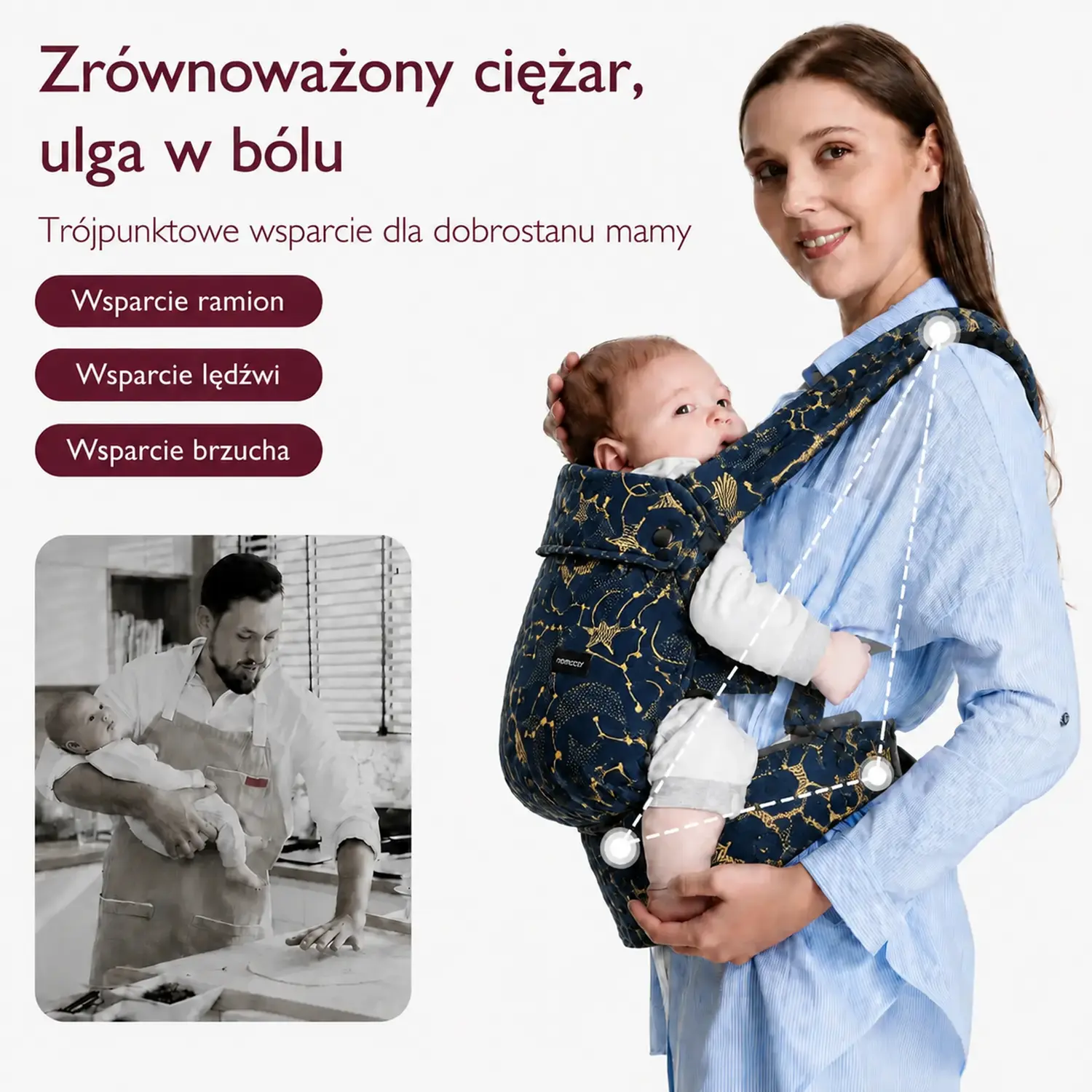 Momcozy BC001 Baby Carrier Newborn to Toddler Cotton Starry Night | Baby carrier | Cotton, from newborn to toddler, starry pattern aprašymas - Prekės nuotrauka
