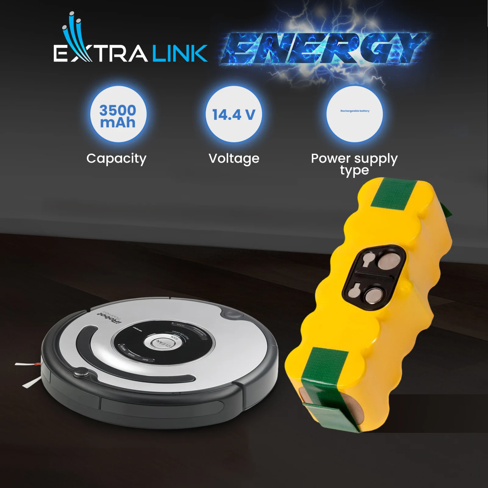Extralink Roomba | Baterija, dulkių siurblio baterija | 500/600/700/800 serija 14,4 V 3000 mAh aprašymas - Prekės nuotrauka