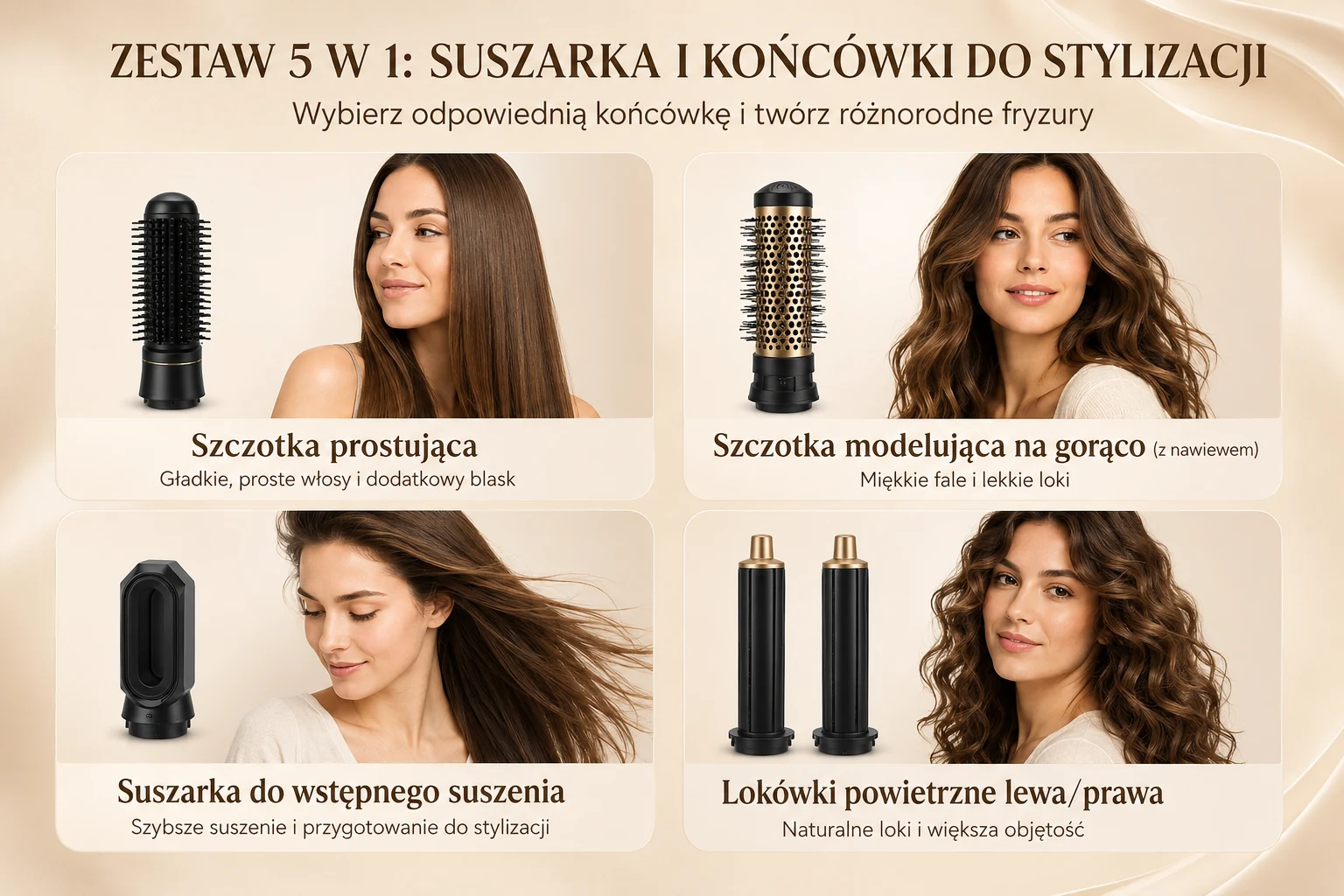 Extralink Stay Beauty M-17934, curling dryer thermal brush 5-in-1, with ionisation, 1000W, adjustable, 5 attachments aprašymas - Prekės nuotrauka