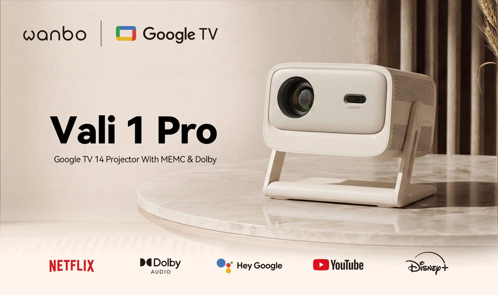 Wanbo Vali 1 Pro Kremas | Projektorius | 900 ANSI Lumen, Full HD, Google TV, Gimbal aprašymas - Prekės nuotrauka