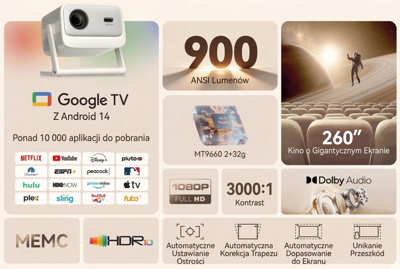 Wanbo Vali 1 Pro Kremas | Projektorius | 900 ANSI Lumen, Full HD, Google TV, Gimbal aprašymas - Prekės nuotrauka