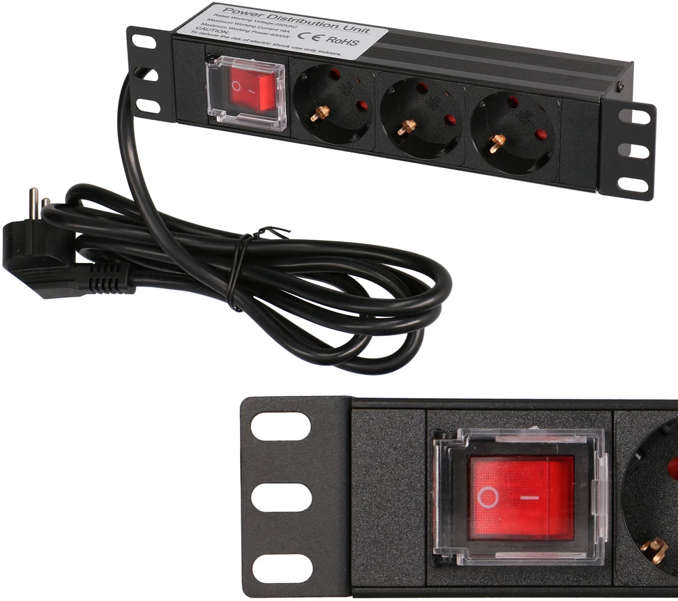 Extralink 10 colių 1U 3 lizdų ES tipo maitinimo PDU | Maitinimo blokas | su jungikliu