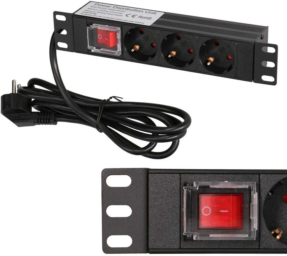 Extralink 10 colių 1U 3 lizdų ES tipo maitinimo PDU | Maitinimo blokas | su jungikliu
