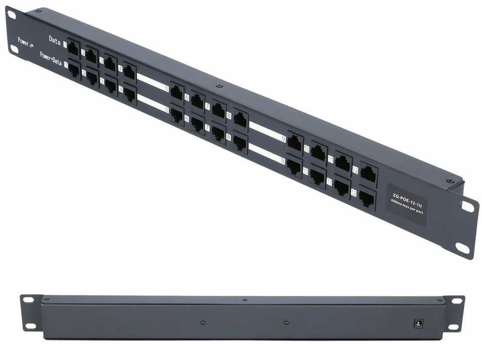 EXTRALINK 12 prievadų pasyvus PoE purkštukas / adapteris 10/100Mbps 12v ~ 48v DC stovas 19"