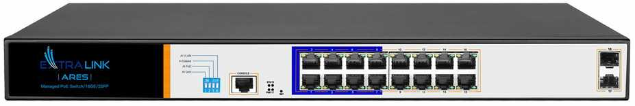 Šakotuvas Extralink ARES valdomas jungiklis 16xRJ45 GbE PoE/PoE+ 150W, 2x SFP, 19 colių stovas