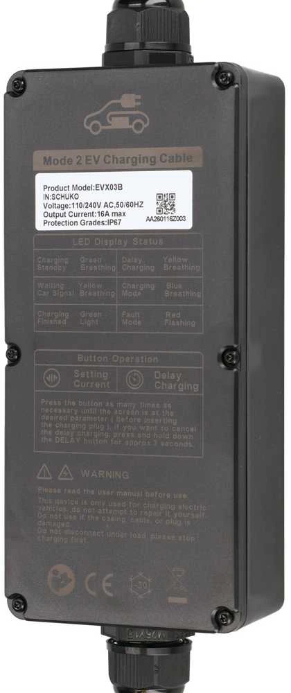 Nešiojamas elektromobilių įkroviklis Extralink BS-PCD030, 16A, 3.6kW, Schuko, 1 fazė, 5.5m, LCD ekranas, IP67