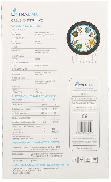 Tinklo laidas Extralink CAT6 FTP lauko tinklo kabelis 305 m, juodas, Native