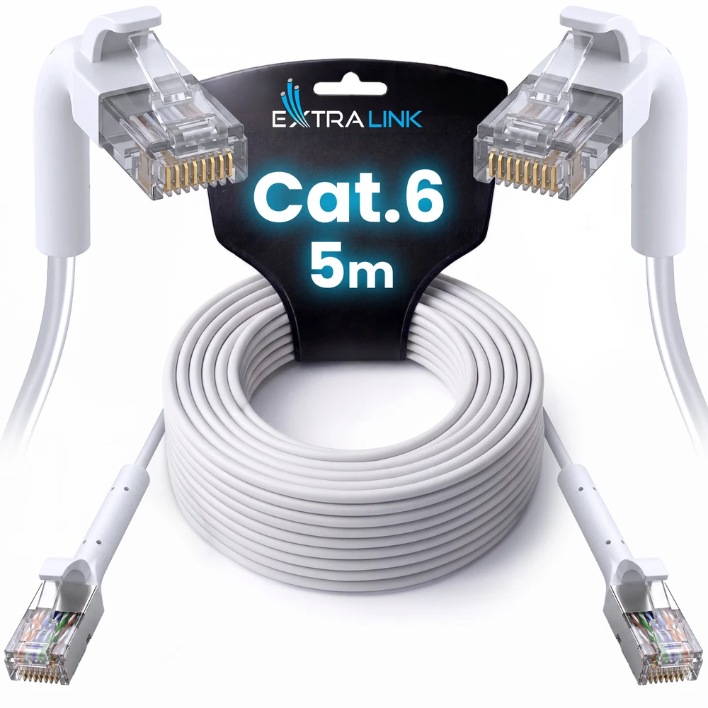 Extralink Cat.6 U/FTP 5m 1Gbps Baltas, LAN patch cord, Copper twisted pair network cable, angled connector