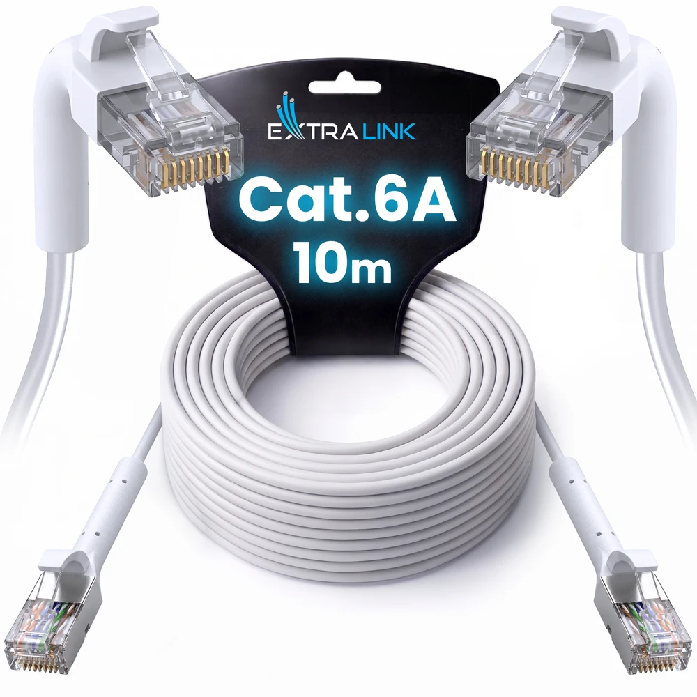 Extralink Cat.6A U/FTP 10m 1Gbps Baltas, LAN patch cord, Copper twisted pair network cable, angled connector