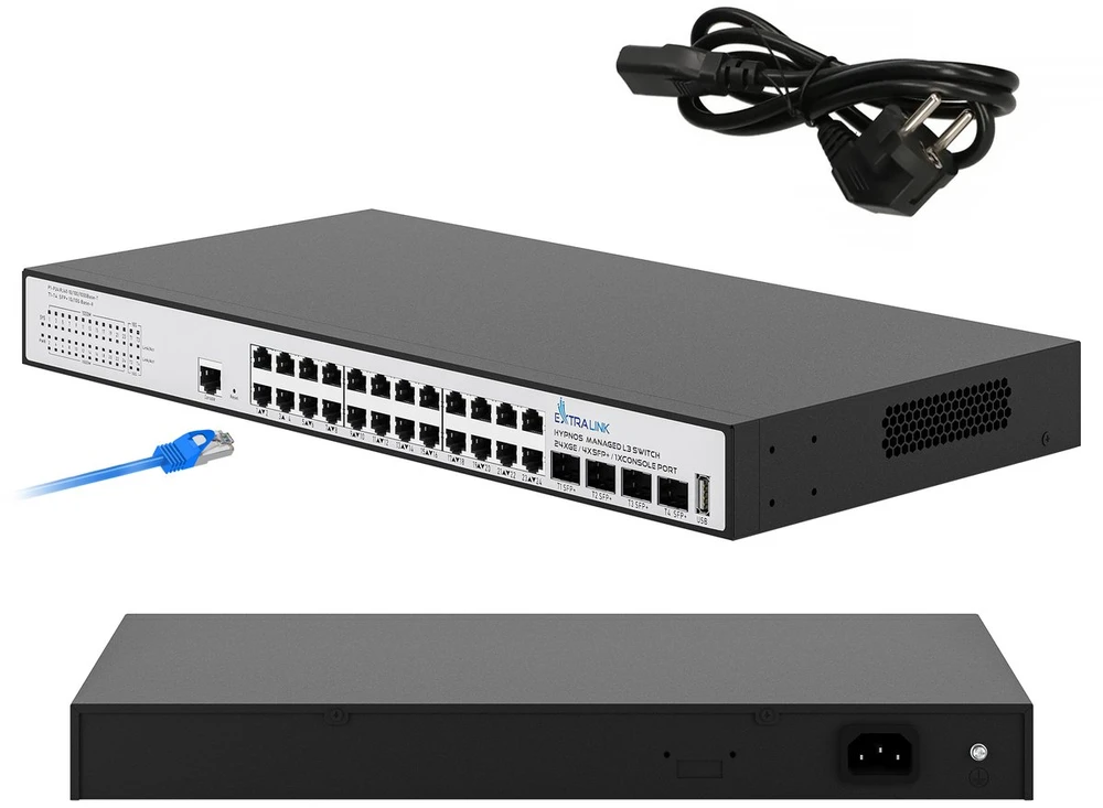 Šakotuvas Extralink Hypnos komutatorius, 24x RJ45 1000Mb/s, 4x SFP+, L3, valdomas