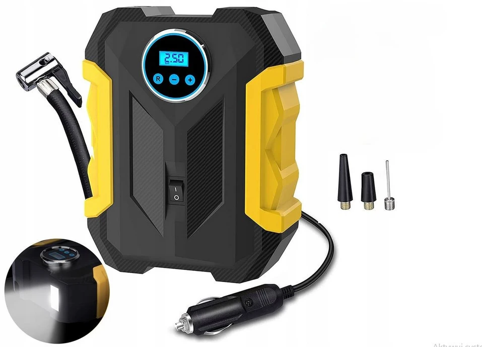 Extralink | kompresorius automobilinis | cigarečių degiklio lizdui, 150PSI, 100W, LCD, žibintuvėlis, priedai