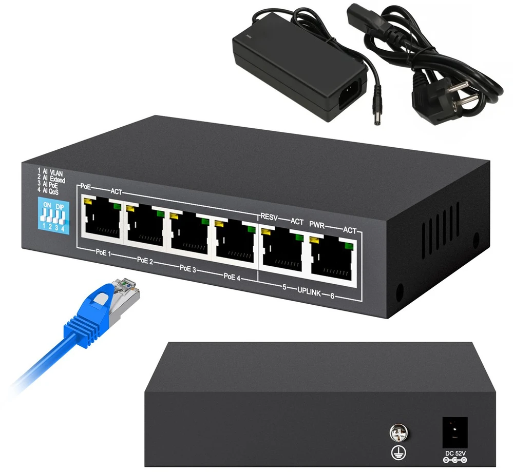 Šakotuvas EXTRALINK KRIOS 4 prievadų GbE Nevaldomas 802.3AF/AT 150 W PoE jungiklis + 1xRJ45 Up-Link
