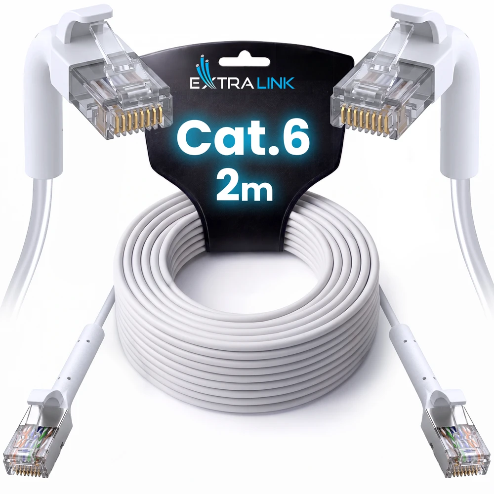 Extralink Cat.6 U/FTP 2m 1Gbps Baltas, Patchcord LAN, Copper twisted pair network cable, angled end