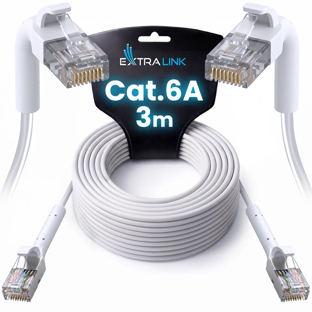 Extralink Cat.6A U/FTP 3m 1Gbps Baltas, LAN patch cord, copper twisted pair network cable, angled connector