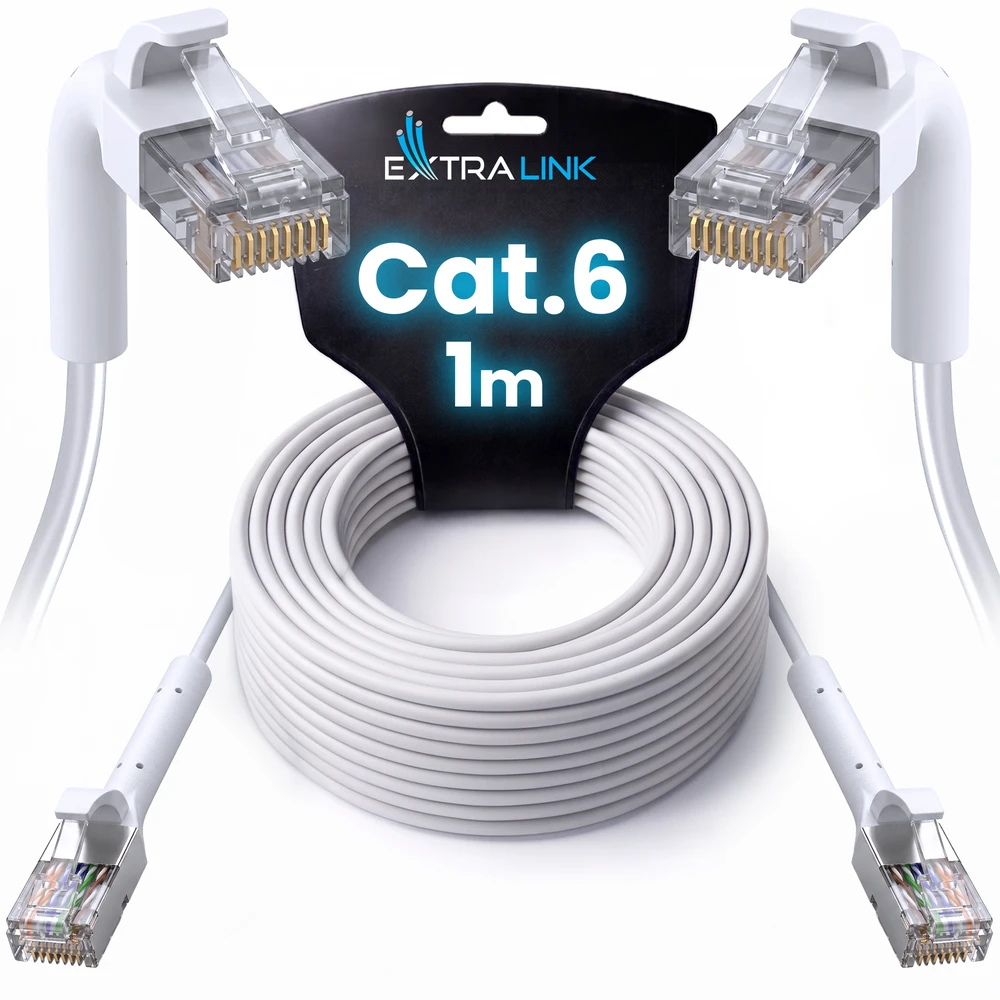 Extralink Cat.6 U/FTP 1m 1Gbps Baltas, LAN patch cord, copper twisted pair network cable, angled end