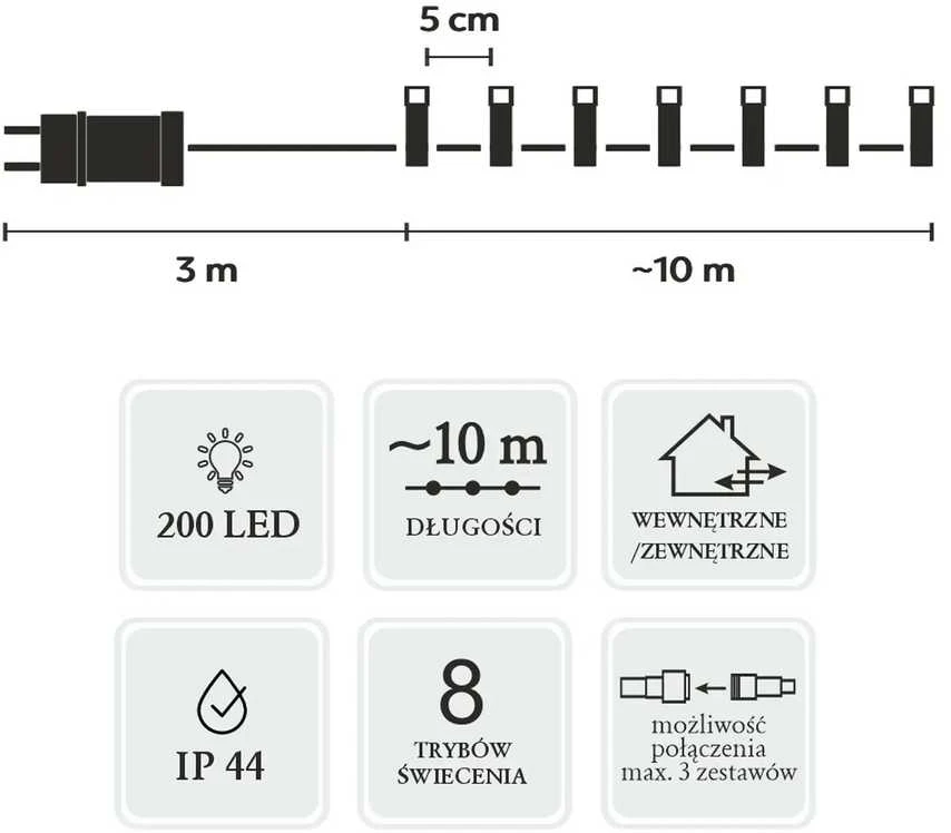 Extralink Kalėdinės LED girliandos, 200 LED, šaltai balta šviesa, 10 m