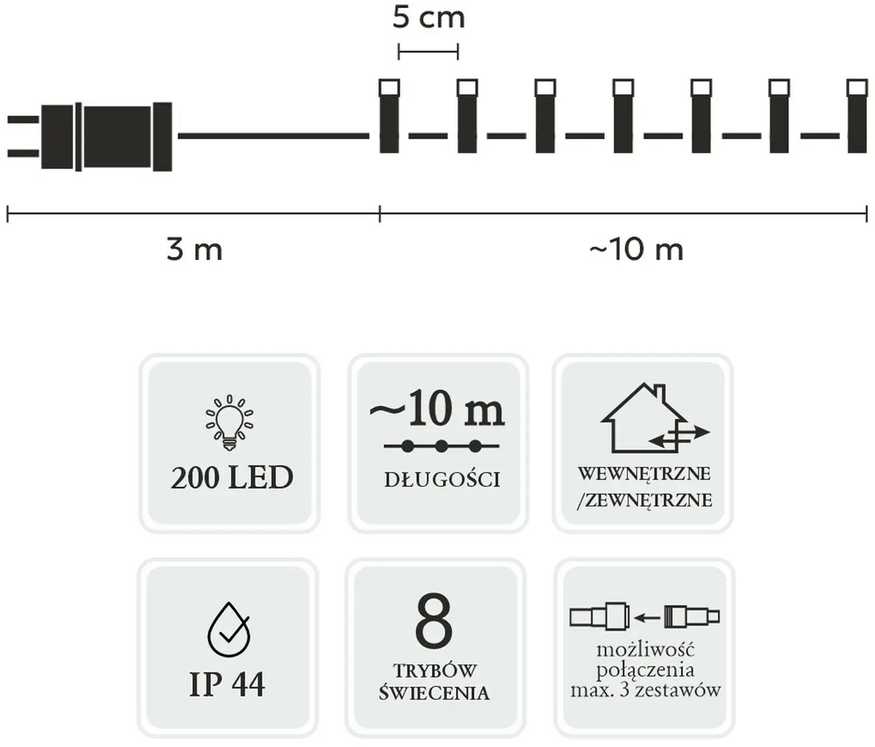 Extralink LED girlianda, 200 LED, 13 m, šiltai balta