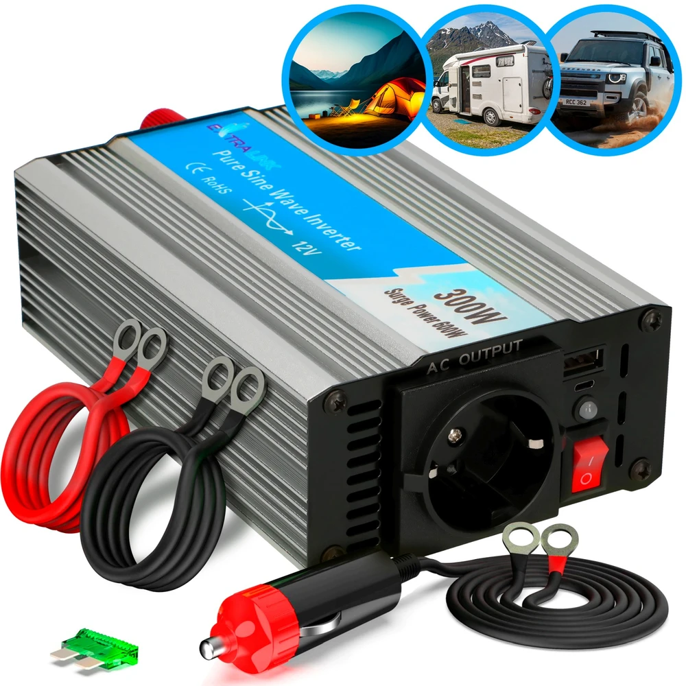 EXTRALINK automobilio įtampos keitiklis 12V-230V 300W grynas sinusas OPIP-300W